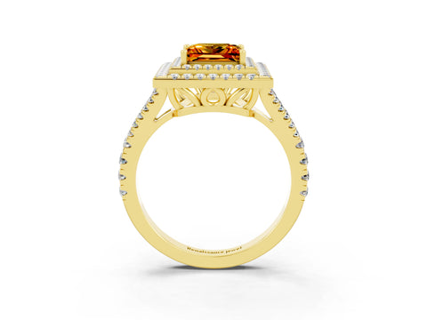 Yellow gold Princess Cut Citrine Double Halo Ring with Pavé Band and Prong Setting_15