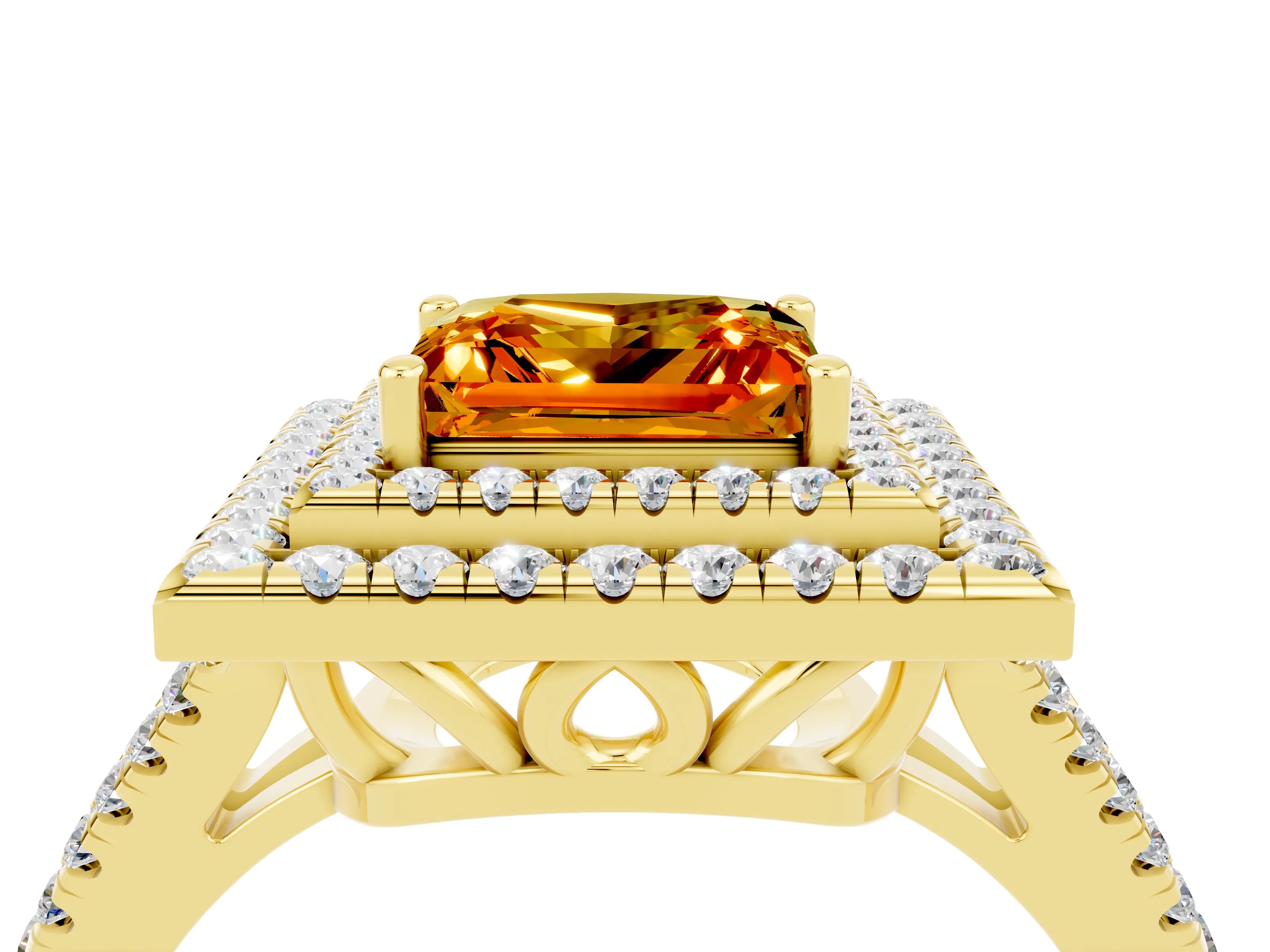 Yellow gold Princess Cut Citrine Double Halo Ring with Pavé Band and Prong Setting_16