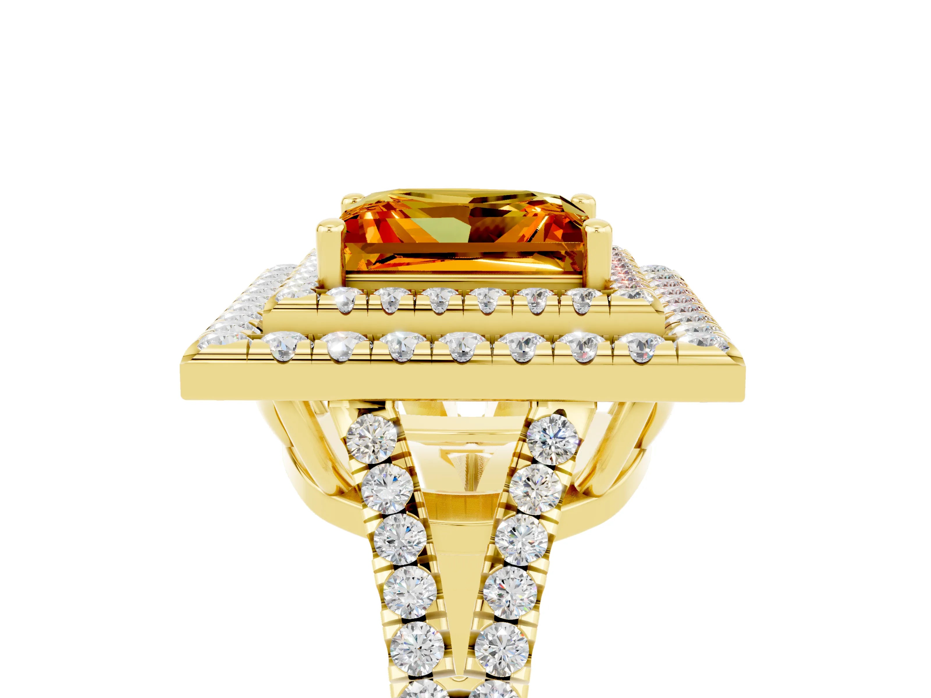 Yellow gold Princess Cut Citrine Double Halo Ring with Pavé Band and Prong Setting_17