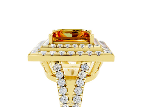Yellow gold Princess Cut Citrine Double Halo Ring with Pavé Band and Prong Setting_17