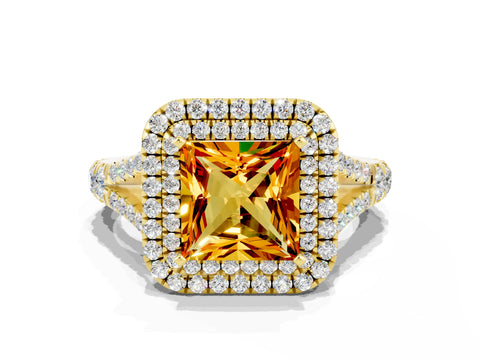 Yellow gold Princess Cut Citrine Double Halo Ring with Split Shank and Prong Setting_12
