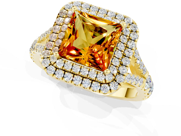 Yellow gold Princess Cut Citrine Double Halo Ring with Split Shank and Prong Setting