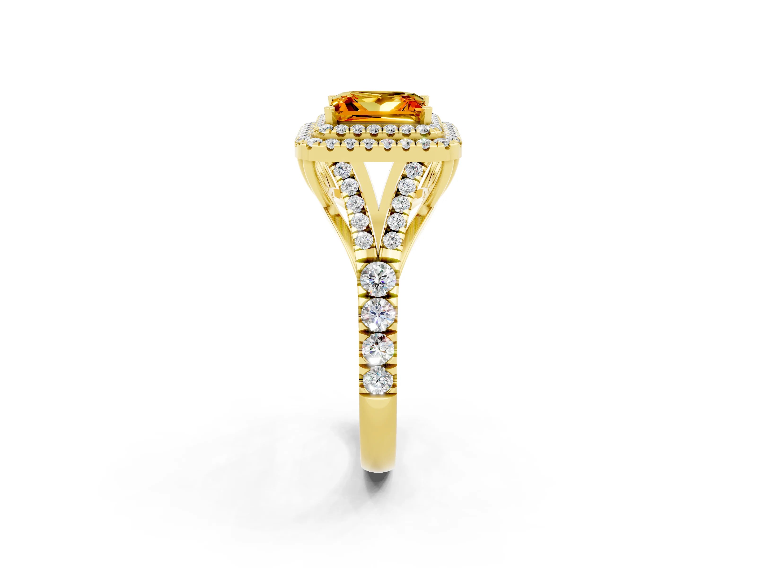 Yellow gold Princess Cut Citrine Double Halo Ring with Split Shank and Prong Setting_14