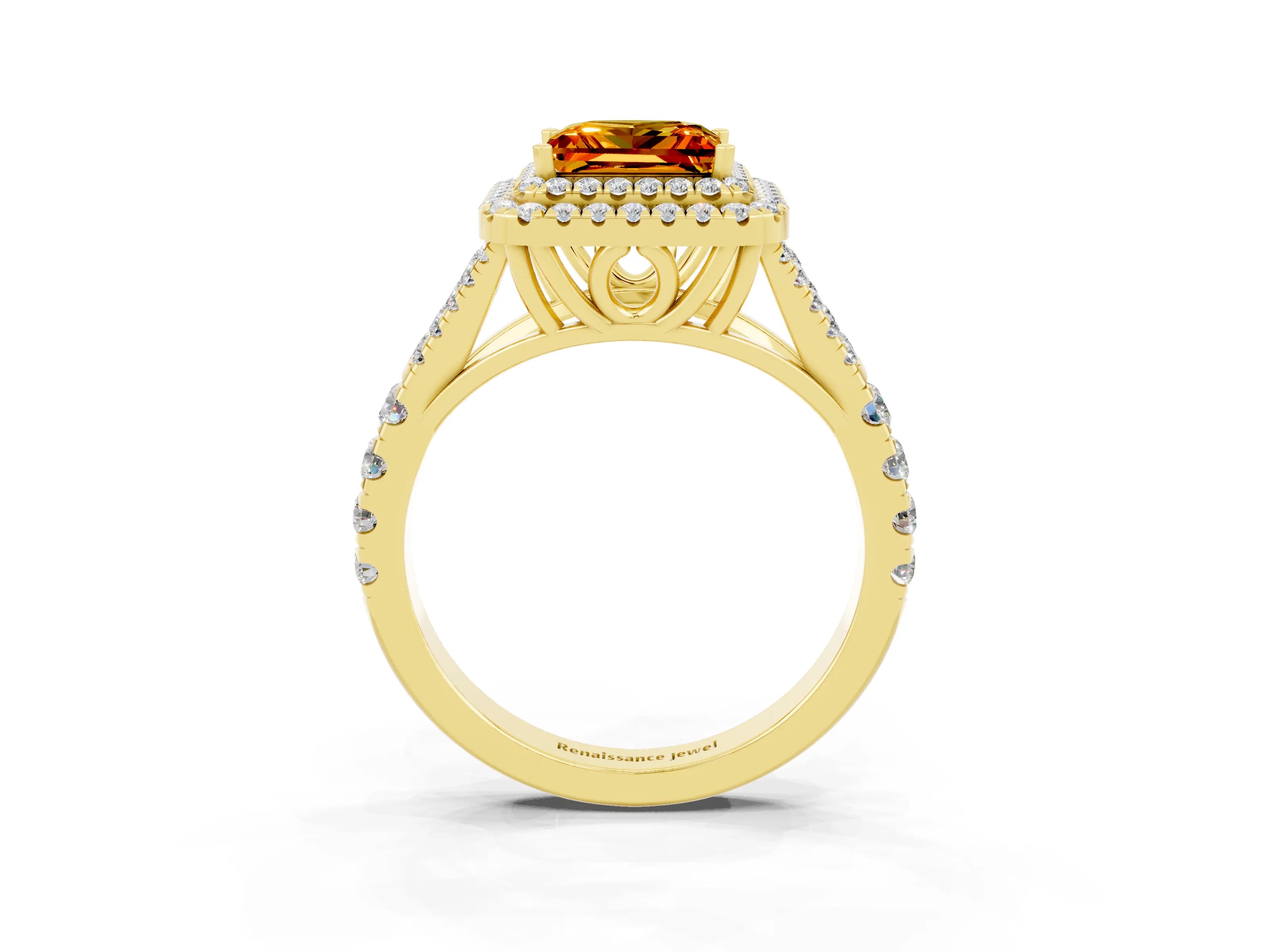 Yellow gold Princess Cut Citrine Double Halo Ring with Split Shank and Prong Setting_15