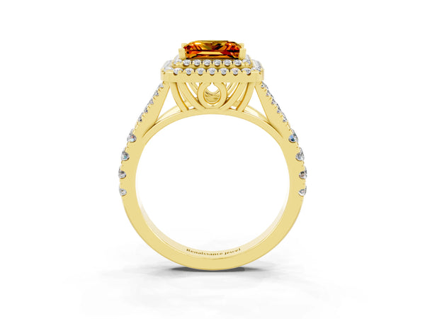 Yellow gold Princess Cut Citrine Double Halo Ring with Split Shank and Prong Setting