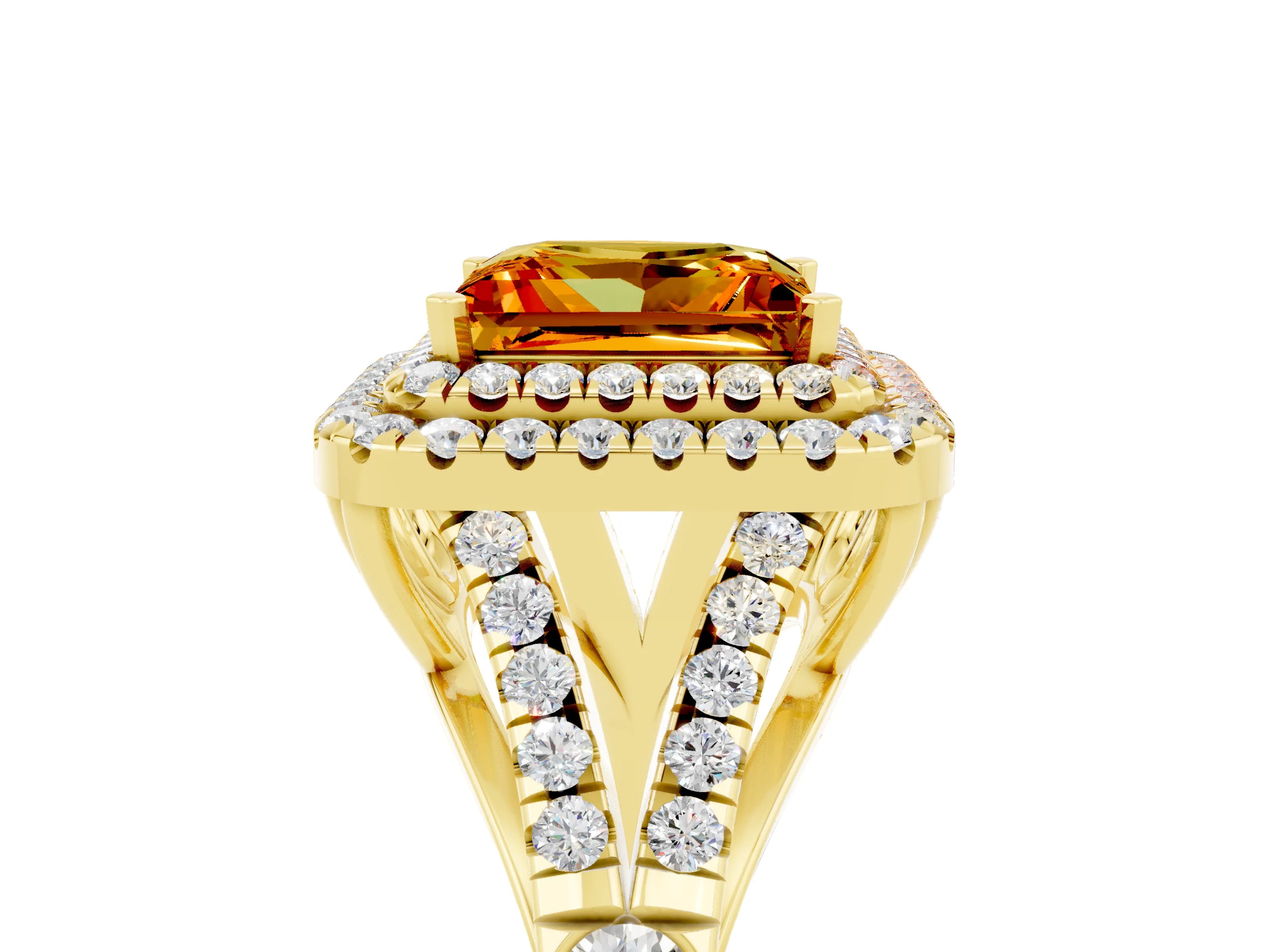 Yellow gold Princess Cut Citrine Double Halo Ring with Split Shank and Prong Setting_17