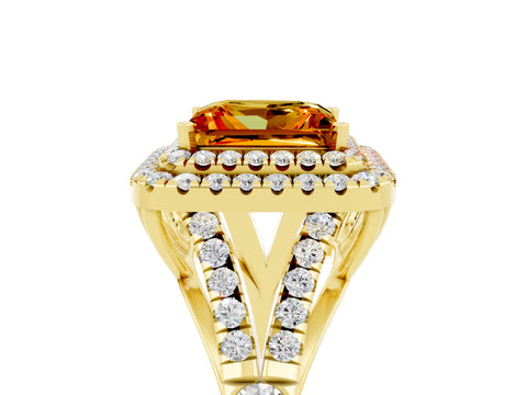 Yellow gold Princess Cut Citrine Double Halo Ring with Split Shank and Prong Setting_17