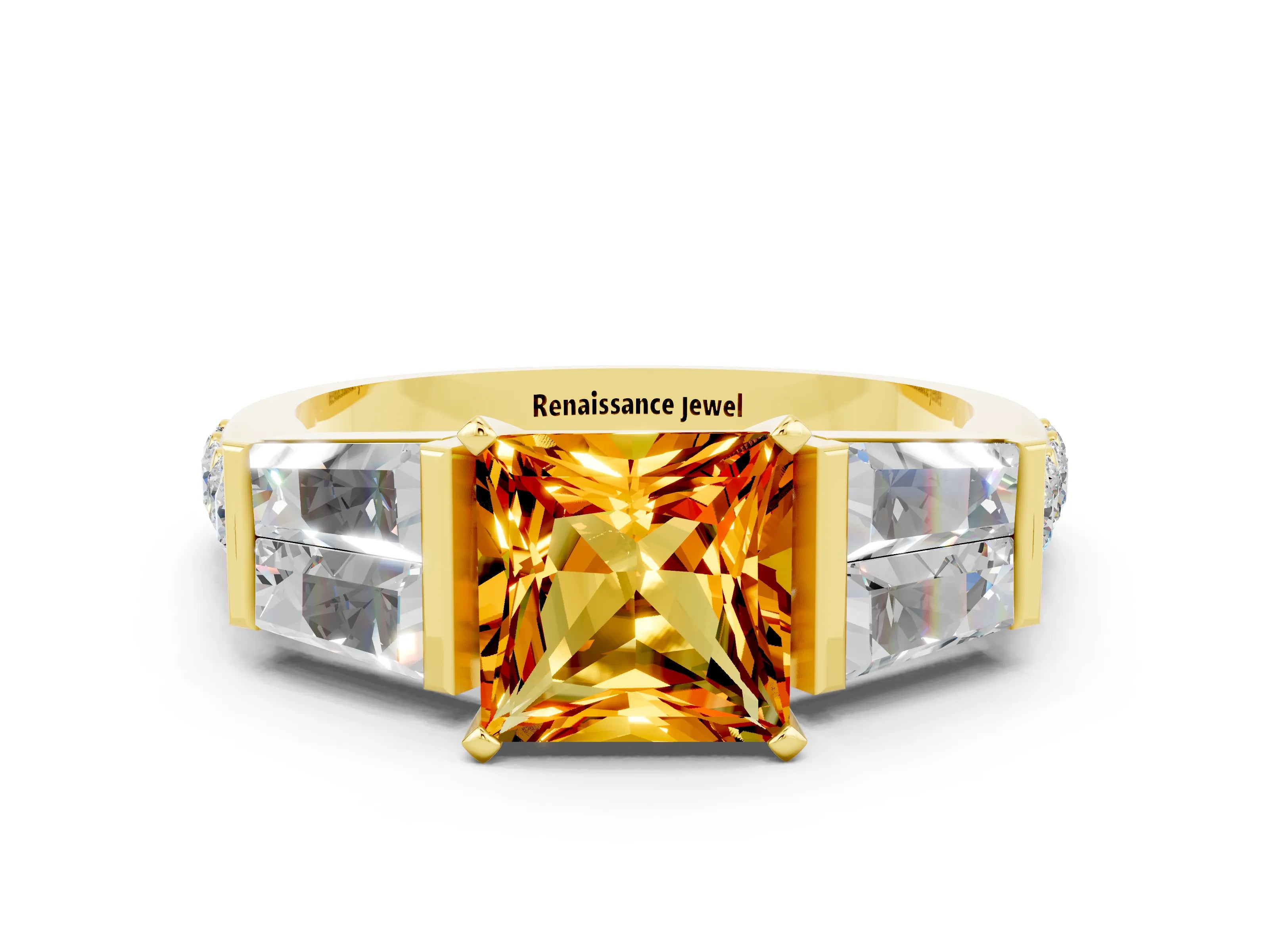 Yellow gold Princess Cut Citrine Engagement Ring with Baguette Side Stones and Channel Set Band
