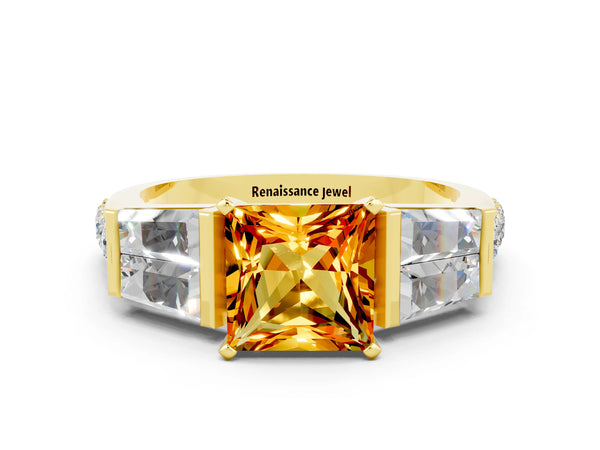 Yellow gold Princess Cut Citrine Engagement Ring with Baguette Side Stones and Channel Set Band