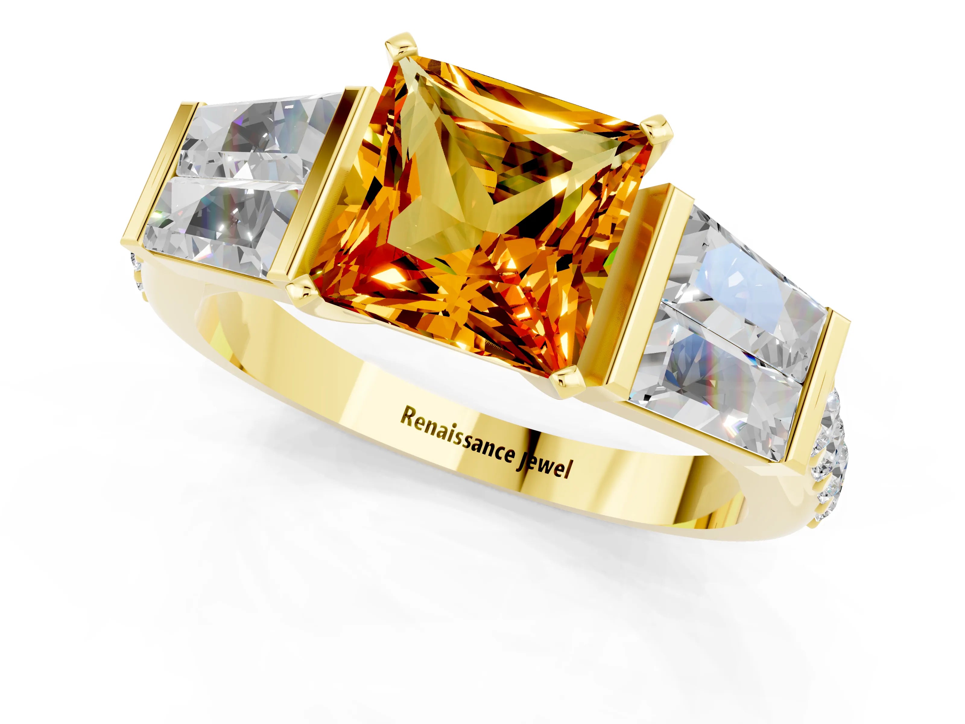 Yellow gold Princess Cut Citrine Engagement Ring with Baguette Side Stones and Channel Set Band_1