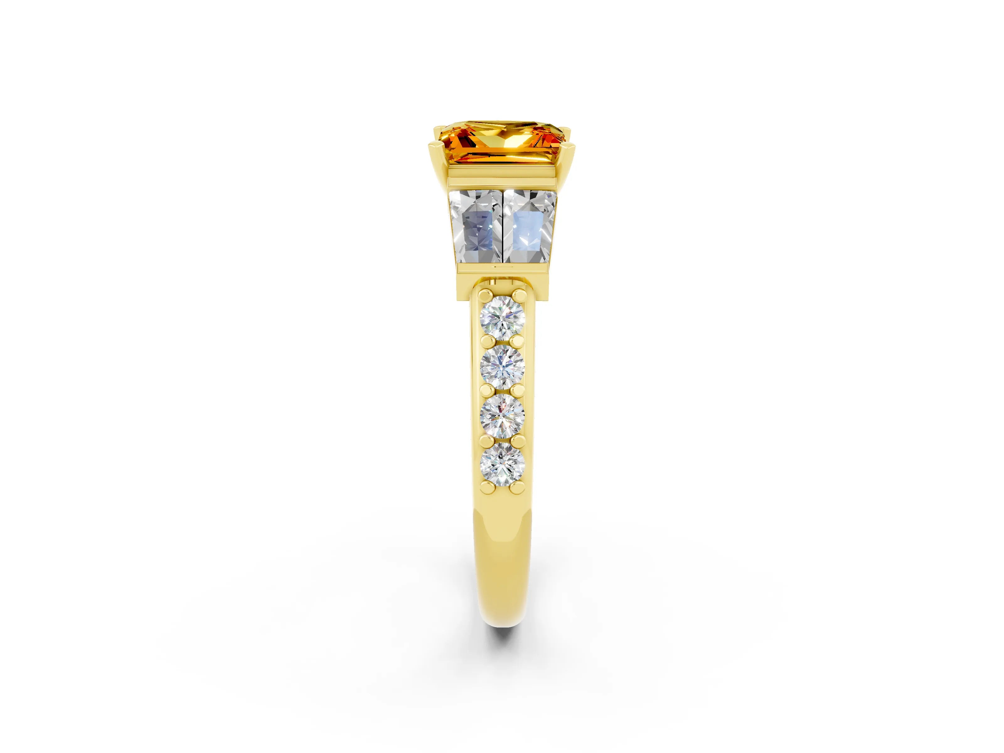Yellow gold Princess Cut Citrine Engagement Ring with Baguette Side Stones and Channel Set Band_2