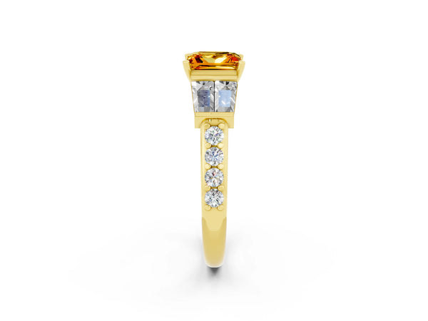 Yellow gold Princess Cut Citrine Engagement Ring with Baguette Side Stones and Channel Set Band