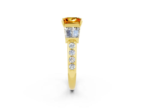 Yellow gold Princess Cut Citrine Engagement Ring with Baguette Side Stones and Channel Set Band_2