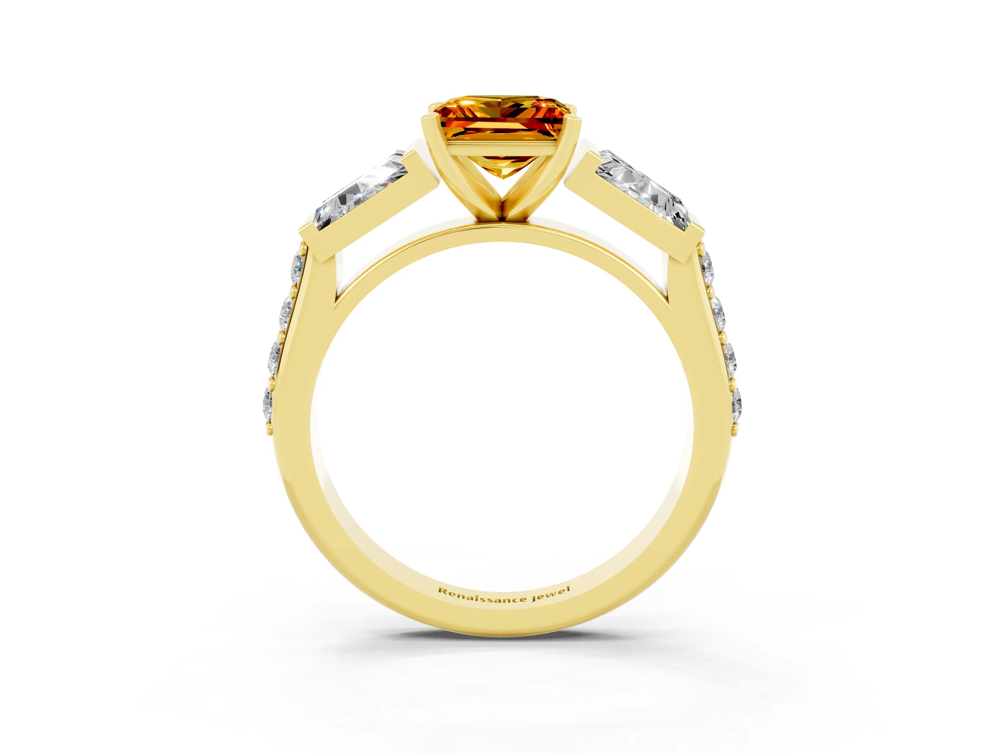 Yellow gold Princess Cut Citrine Engagement Ring with Baguette Side Stones and Channel Set Band_3