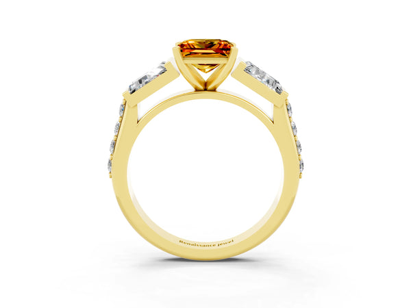 Yellow gold Princess Cut Citrine Engagement Ring with Baguette Side Stones and Channel Set Band