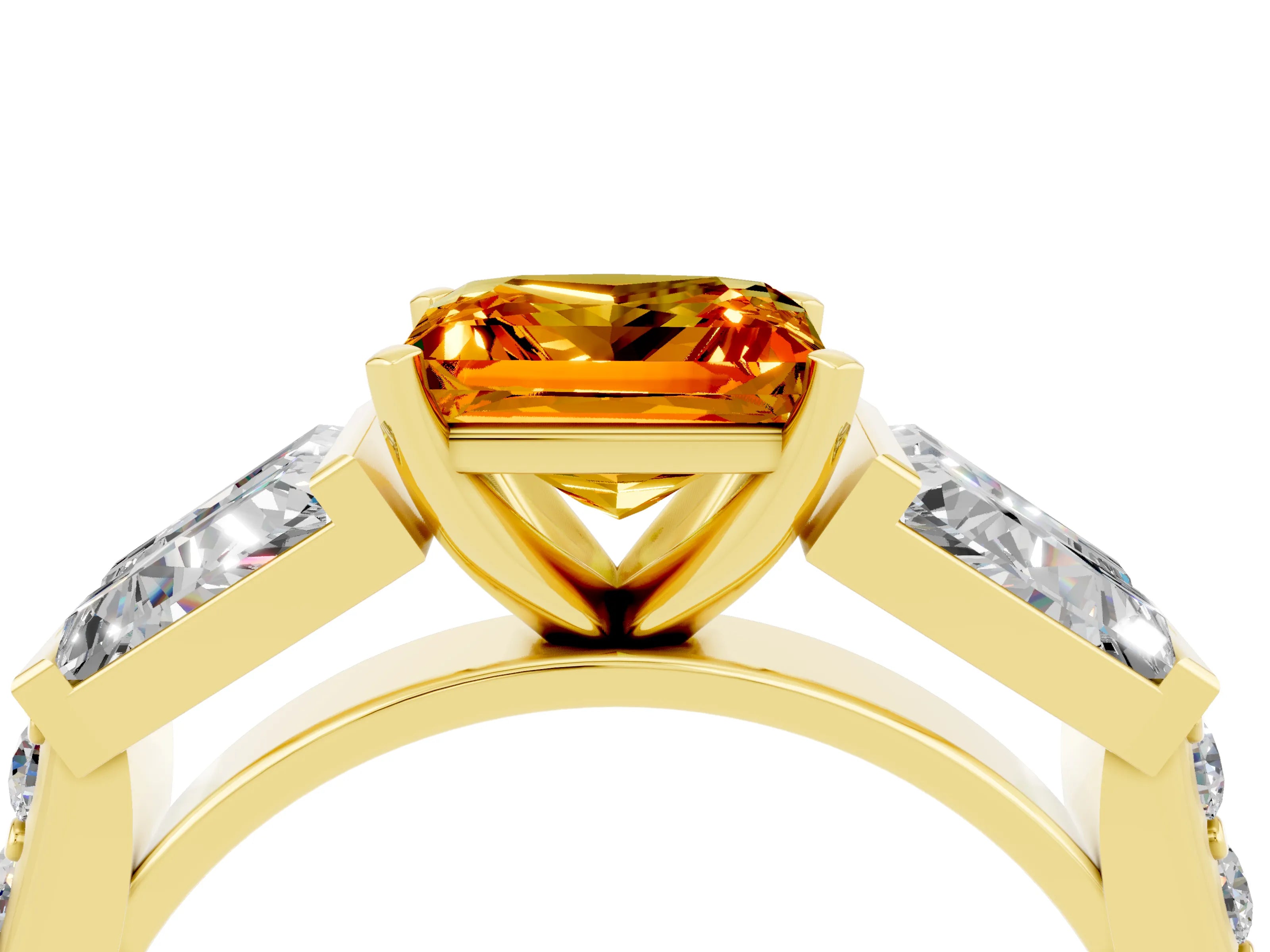 Yellow gold Princess Cut Citrine Engagement Ring with Baguette Side Stones and Channel Set Band_4