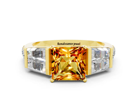 Yellow gold Princess Cut Citrine Engagement Ring with Baguette Side Stones and Channel Set Band