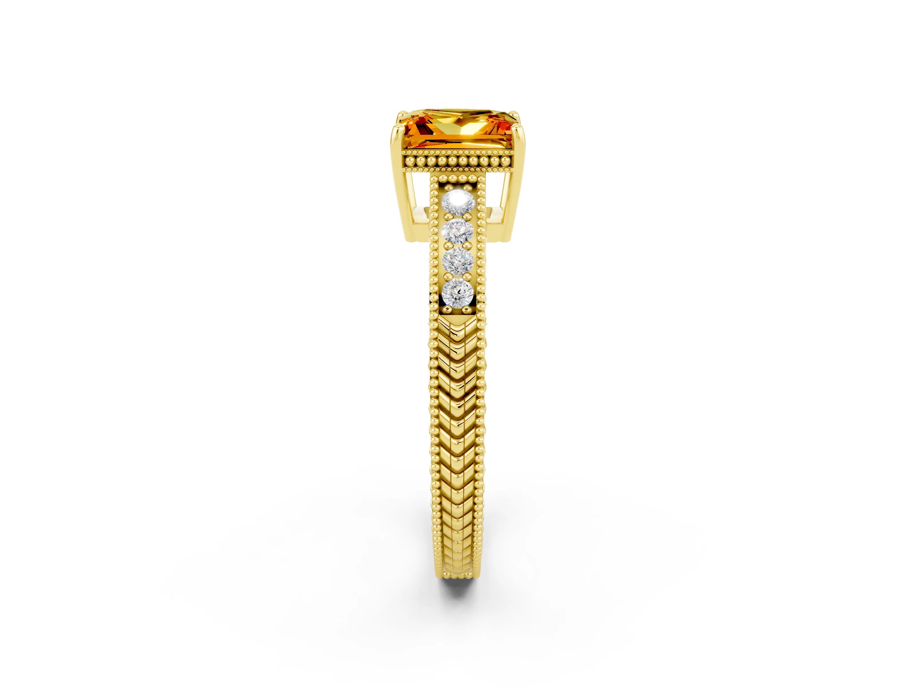 Yellow gold Princess Cut Citrine Engagement Ring with Milgrain Channel Set Band and Prong Setting_2