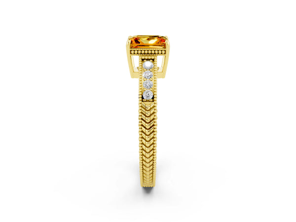 Yellow gold Princess Cut Citrine Engagement Ring with Milgrain Channel Set Band and Prong Setting