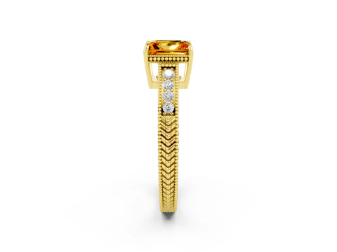 Yellow gold Princess Cut Citrine Engagement Ring with Milgrain Channel Set Band and Prong Setting_2