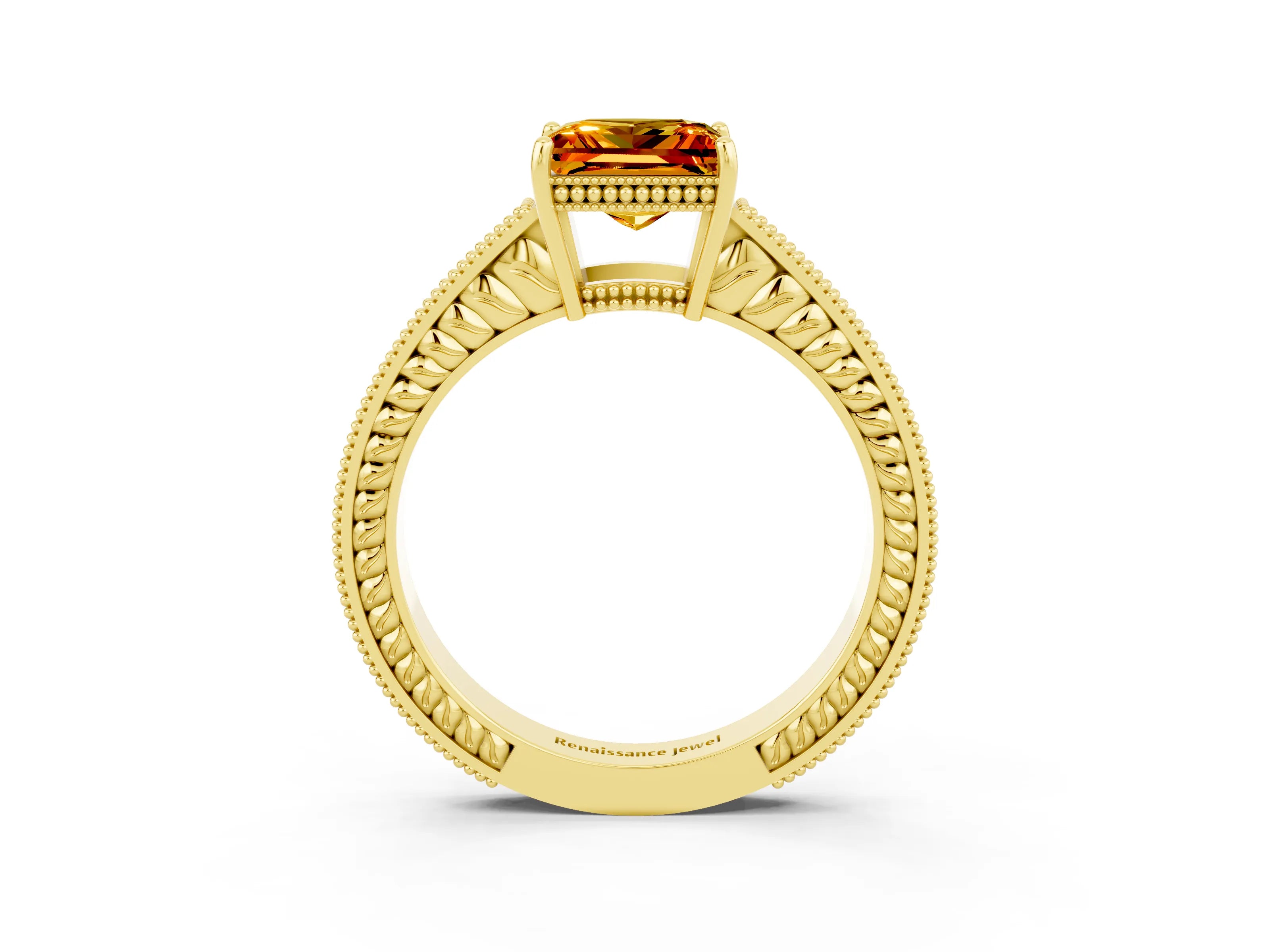 Yellow gold Princess Cut Citrine Engagement Ring with Milgrain Channel Set Band and Prong Setting_3