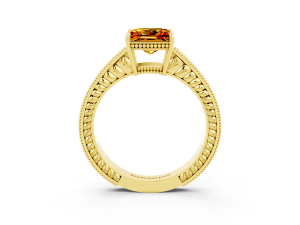 Yellow gold Princess Cut Citrine Engagement Ring with Milgrain Channel Set Band and Prong Setting