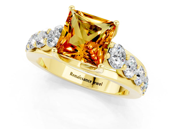 Yellow gold Princess Cut Citrine Engagement Ring with Pavé Band and Four-Prong Setting