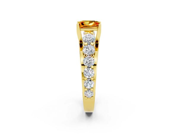Yellow gold Princess Cut Citrine Engagement Ring with Pavé Band and Four-Prong Setting