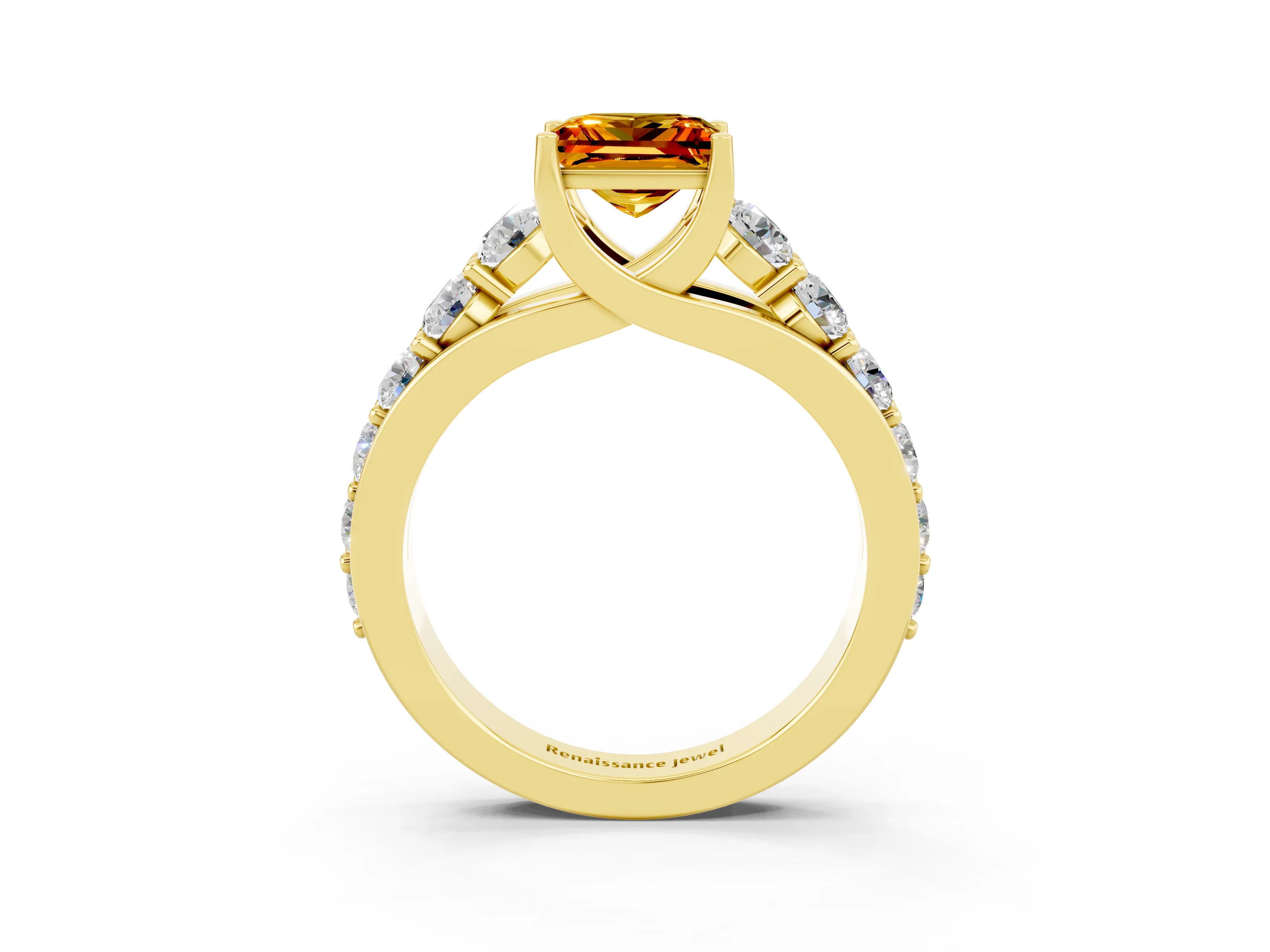 Yellow gold Princess Cut Citrine Engagement Ring with Pavé Band and Four-Prong Setting_3