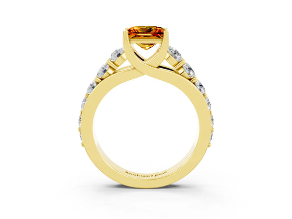 Yellow gold Princess Cut Citrine Engagement Ring with Pavé Band and Four-Prong Setting