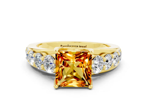 Yellow gold Princess Cut Citrine Engagement Ring with Pavé Band and Four-Prong Setting