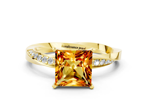 Yellow gold Princess Cut Citrine Engagement Ring with Side Stone Accents and Four-Prong Setting