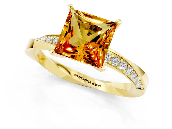 Yellow gold Princess Cut Citrine Engagement Ring with Side Stone Accents and Four-Prong Setting