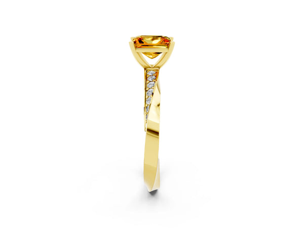 Yellow gold Princess Cut Citrine Engagement Ring with Side Stone Accents and Four-Prong Setting