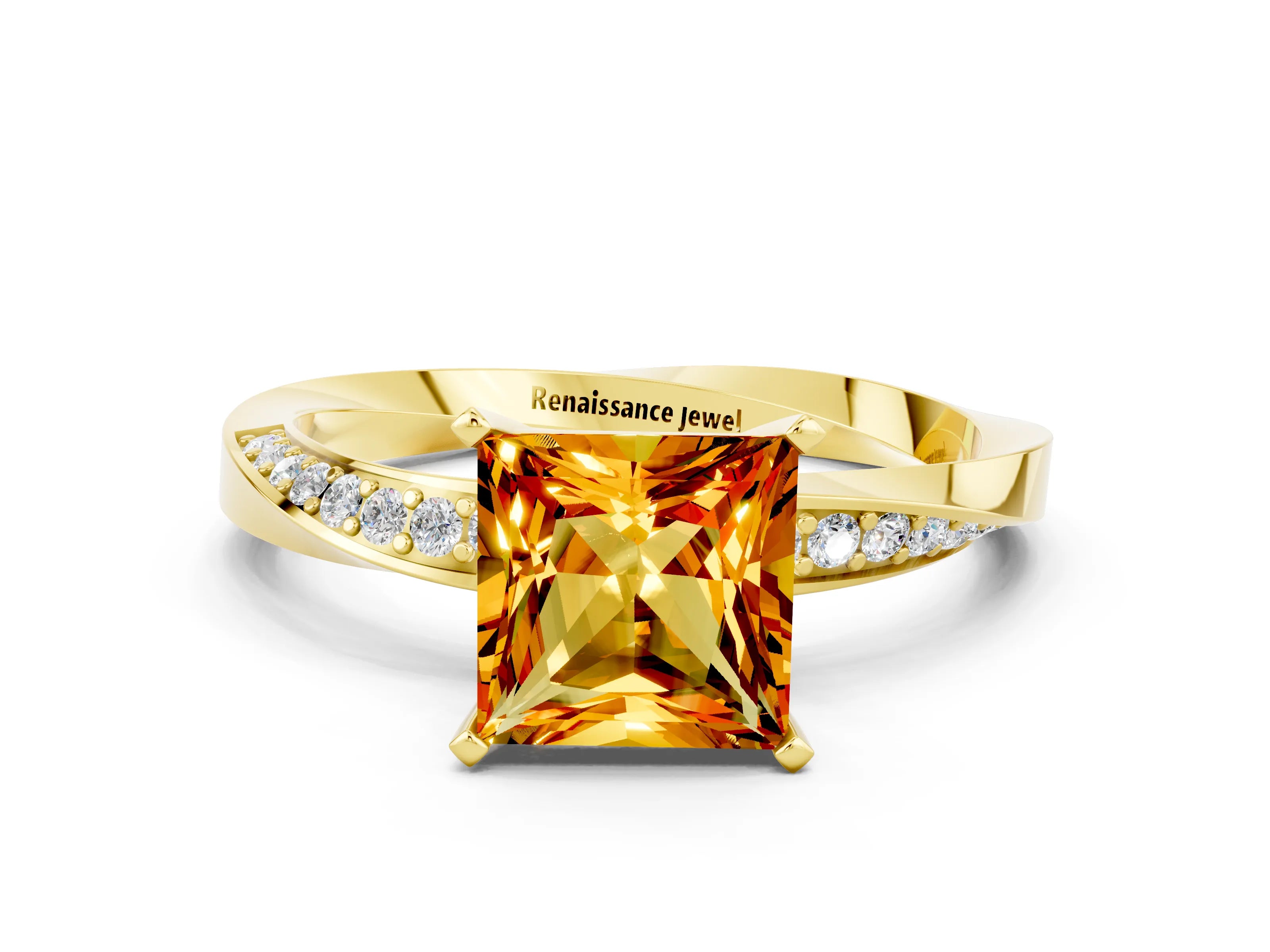 Yellow gold Princess Cut Citrine Engagement Ring with Side Stone Accents and Four-Prong Setting_39