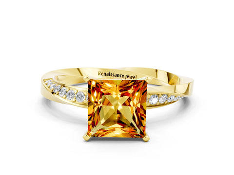 Yellow gold Princess Cut Citrine Engagement Ring with Side Stone Accents and Four-Prong Setting_39