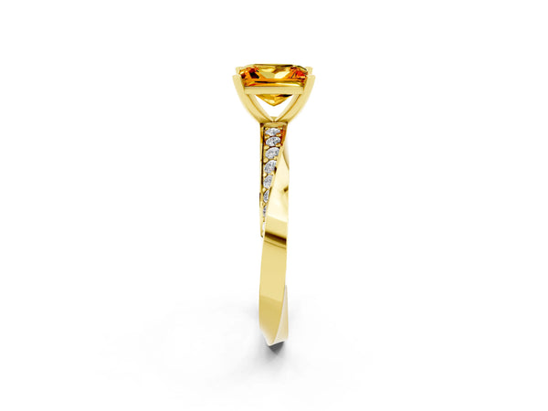 Yellow gold Princess Cut Citrine Engagement Ring with Side Stone Accents and Four-Prong Setting