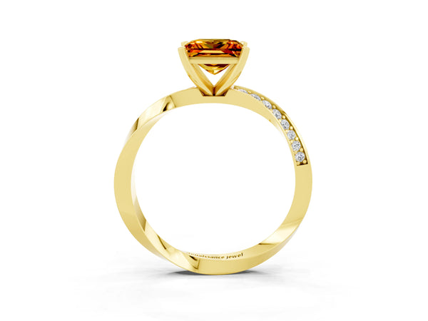 Yellow gold Princess Cut Citrine Engagement Ring with Side Stone Accents and Four-Prong Setting