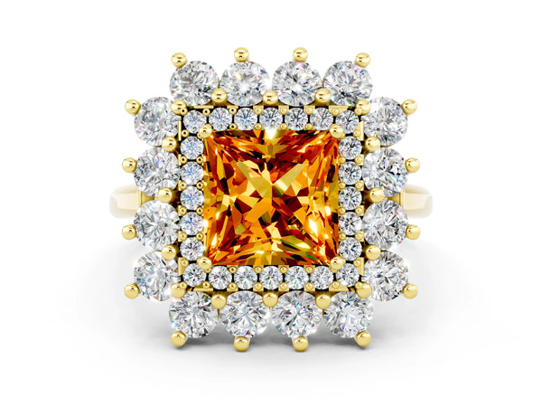 Yellow gold Princess Cut Citrine Floral Double Halo Engagement Ring with Prong Setting
