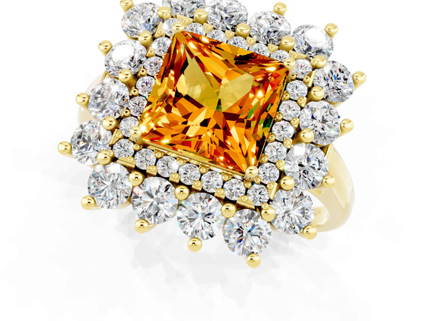 Yellow gold Princess Cut Citrine Floral Double Halo Engagement Ring with Prong Setting