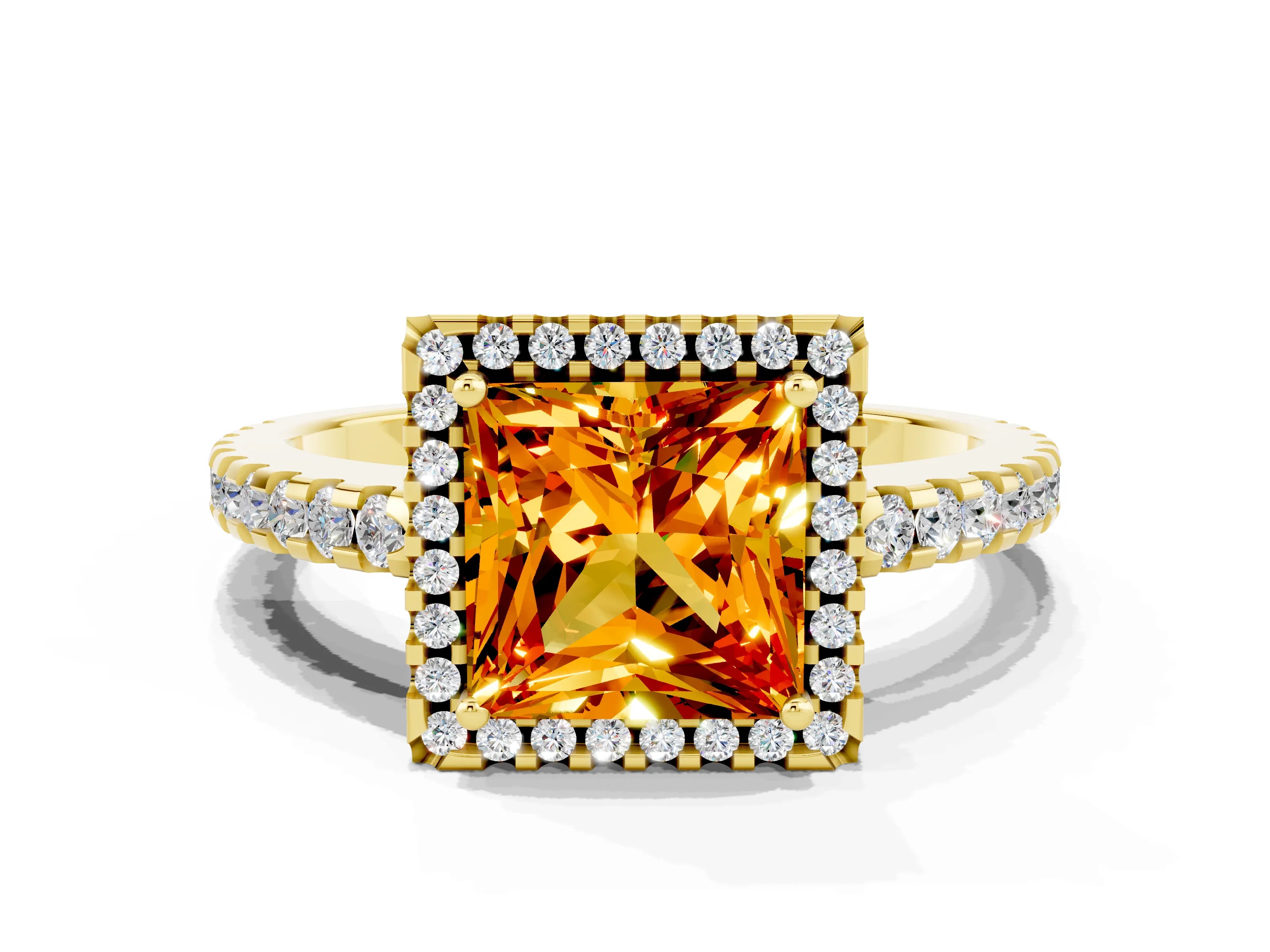 Yellow gold Princess Cut Citrine Halo Engagement Ring with Pavé Band and Prong Setting_12