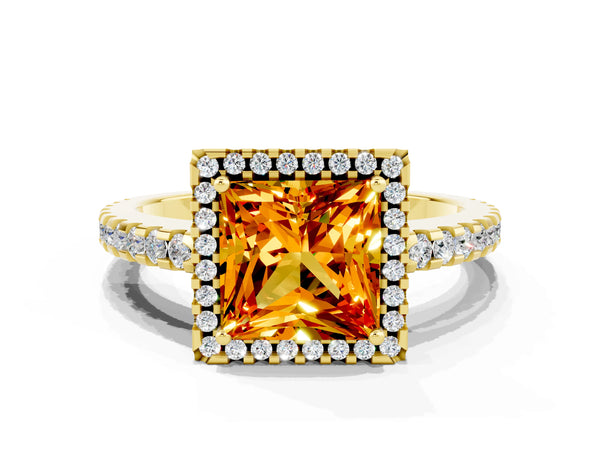 Yellow gold Princess Cut Citrine Halo Engagement Ring with Pavé Band and Prong Setting