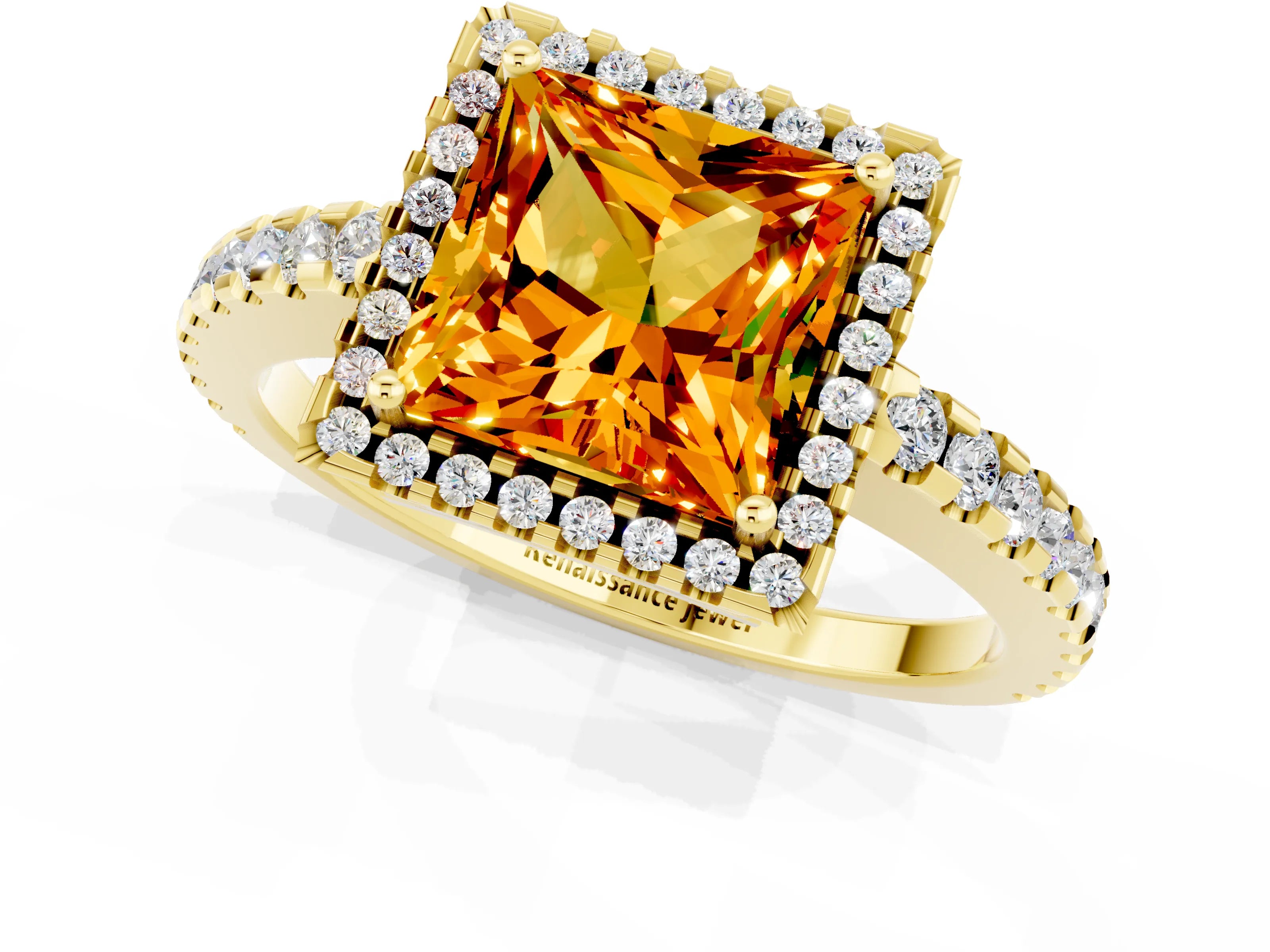 Yellow gold Princess Cut Citrine Halo Engagement Ring with Pavé Band and Prong Setting_13