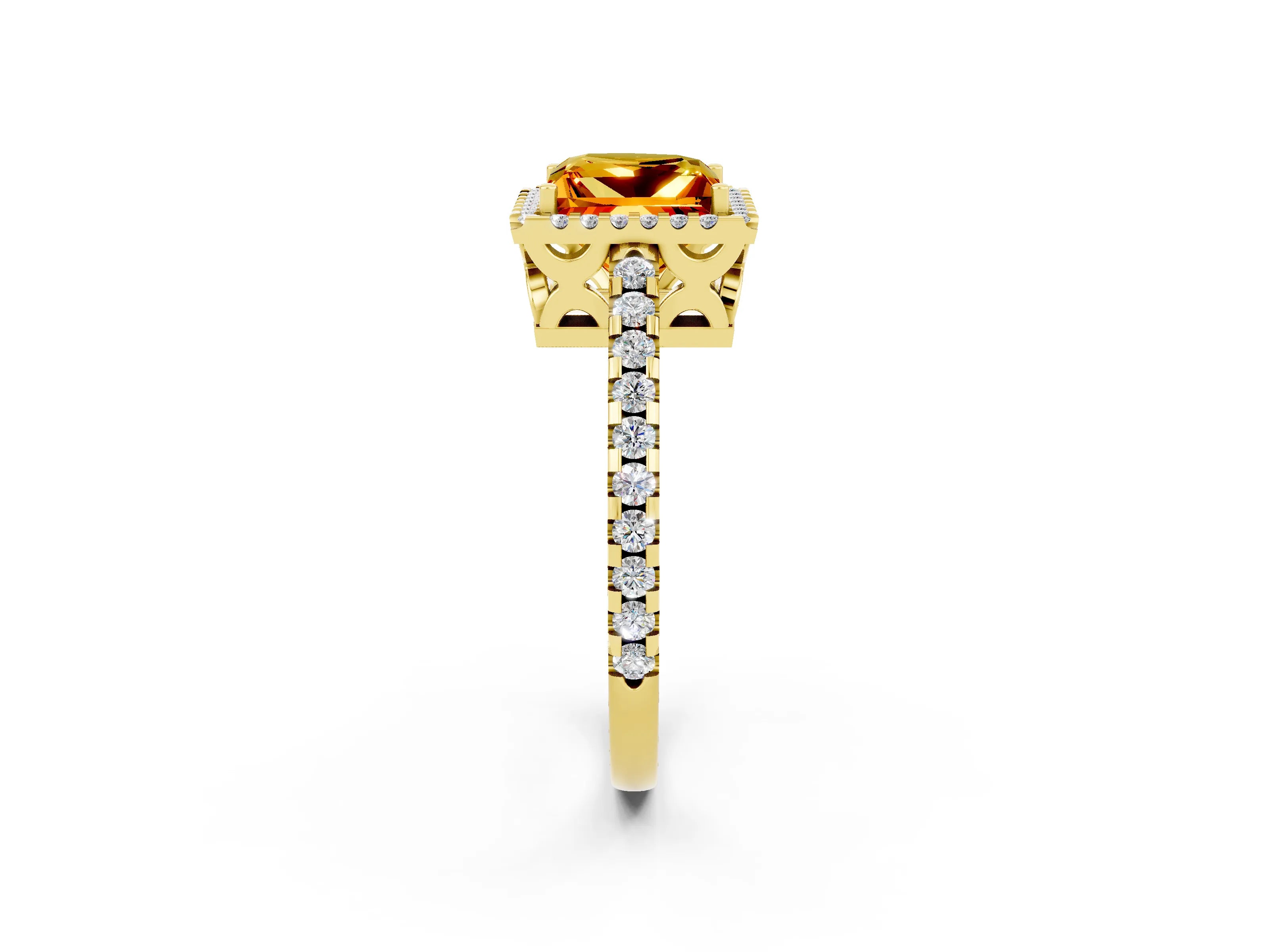 Yellow gold Princess Cut Citrine Halo Engagement Ring with Pavé Band and Prong Setting_14