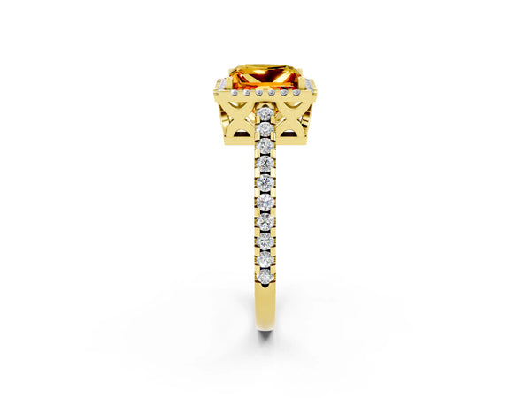 Yellow gold Princess Cut Citrine Halo Engagement Ring with Pavé Band and Prong Setting