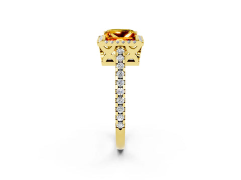 Yellow gold Princess Cut Citrine Halo Engagement Ring with Pavé Band and Prong Setting_14