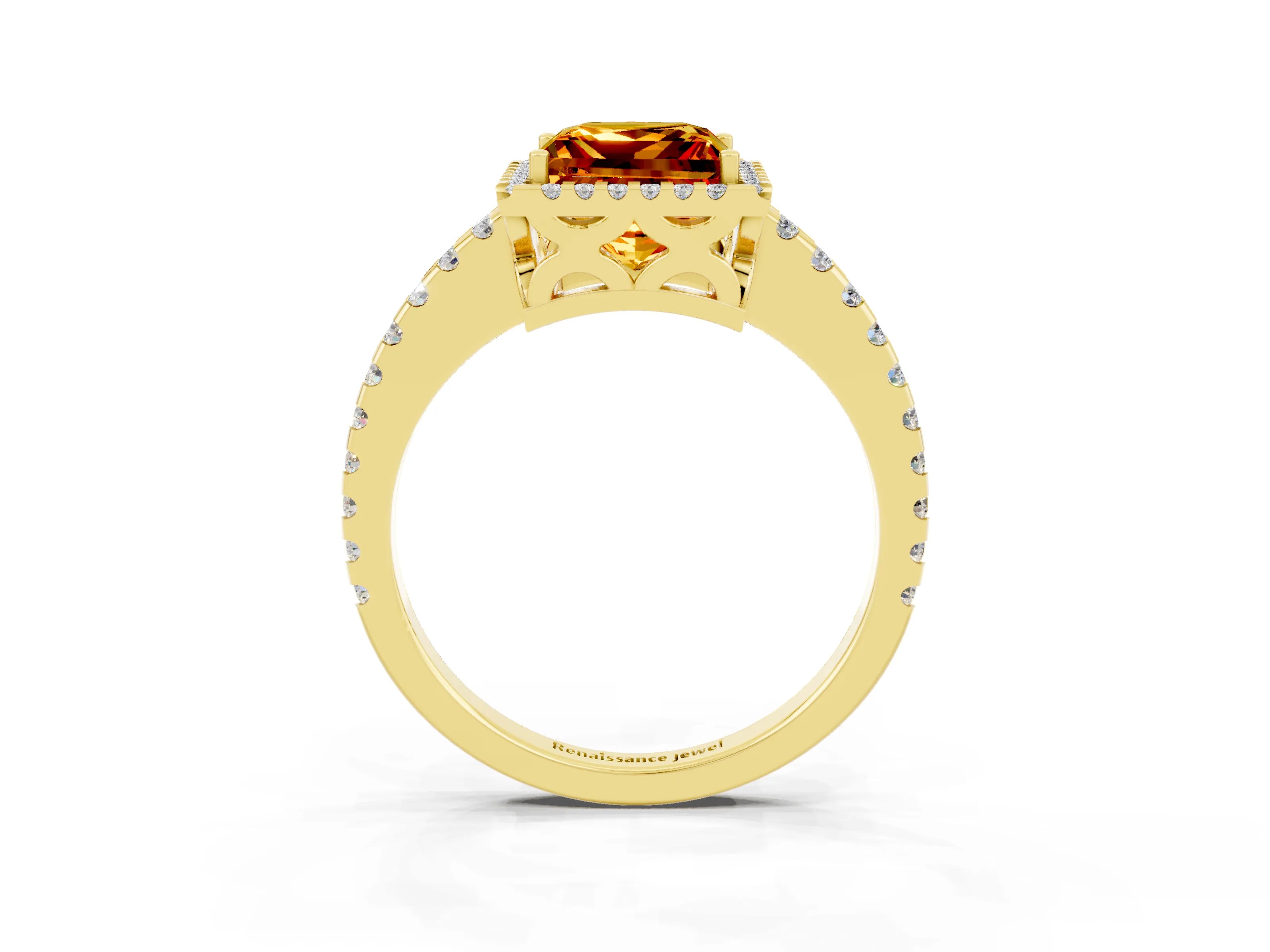Yellow gold Princess Cut Citrine Halo Engagement Ring with Pavé Band and Prong Setting_15