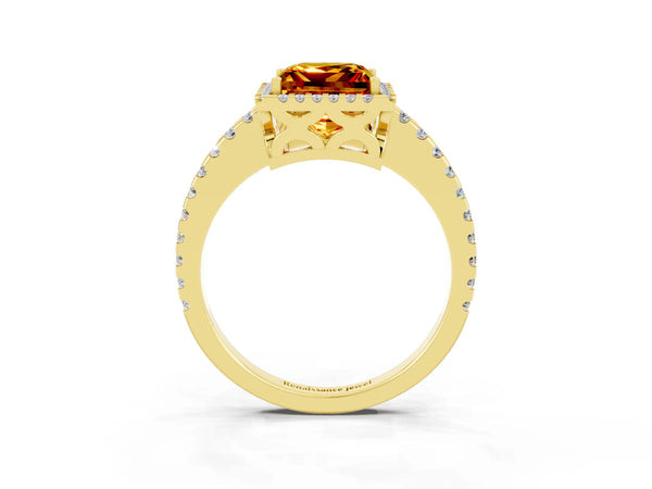 Yellow gold Princess Cut Citrine Halo Engagement Ring with Pavé Band and Prong Setting