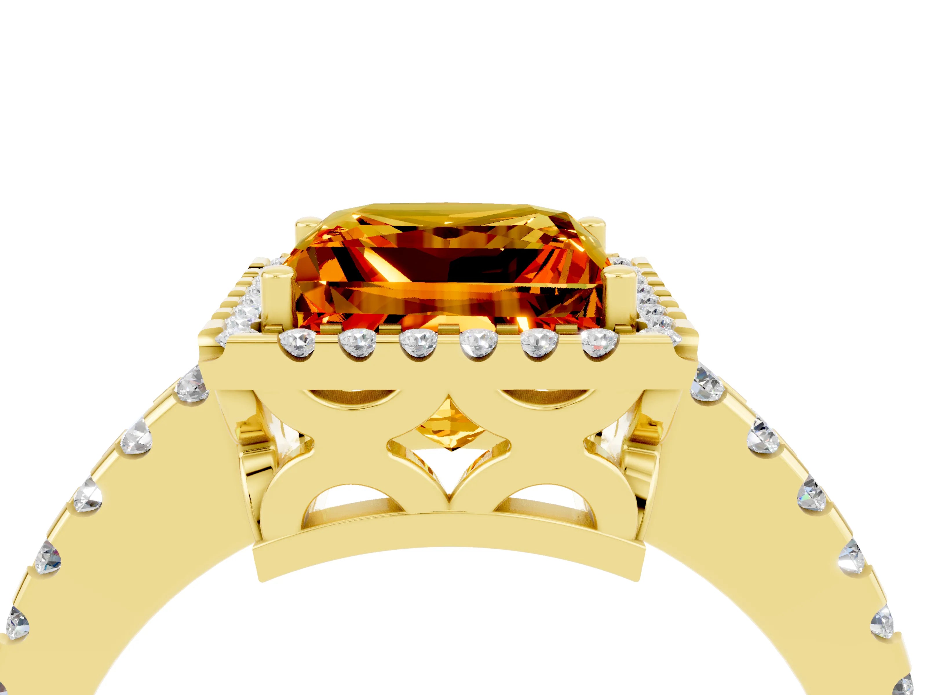 Yellow gold Princess Cut Citrine Halo Engagement Ring with Pavé Band and Prong Setting_16