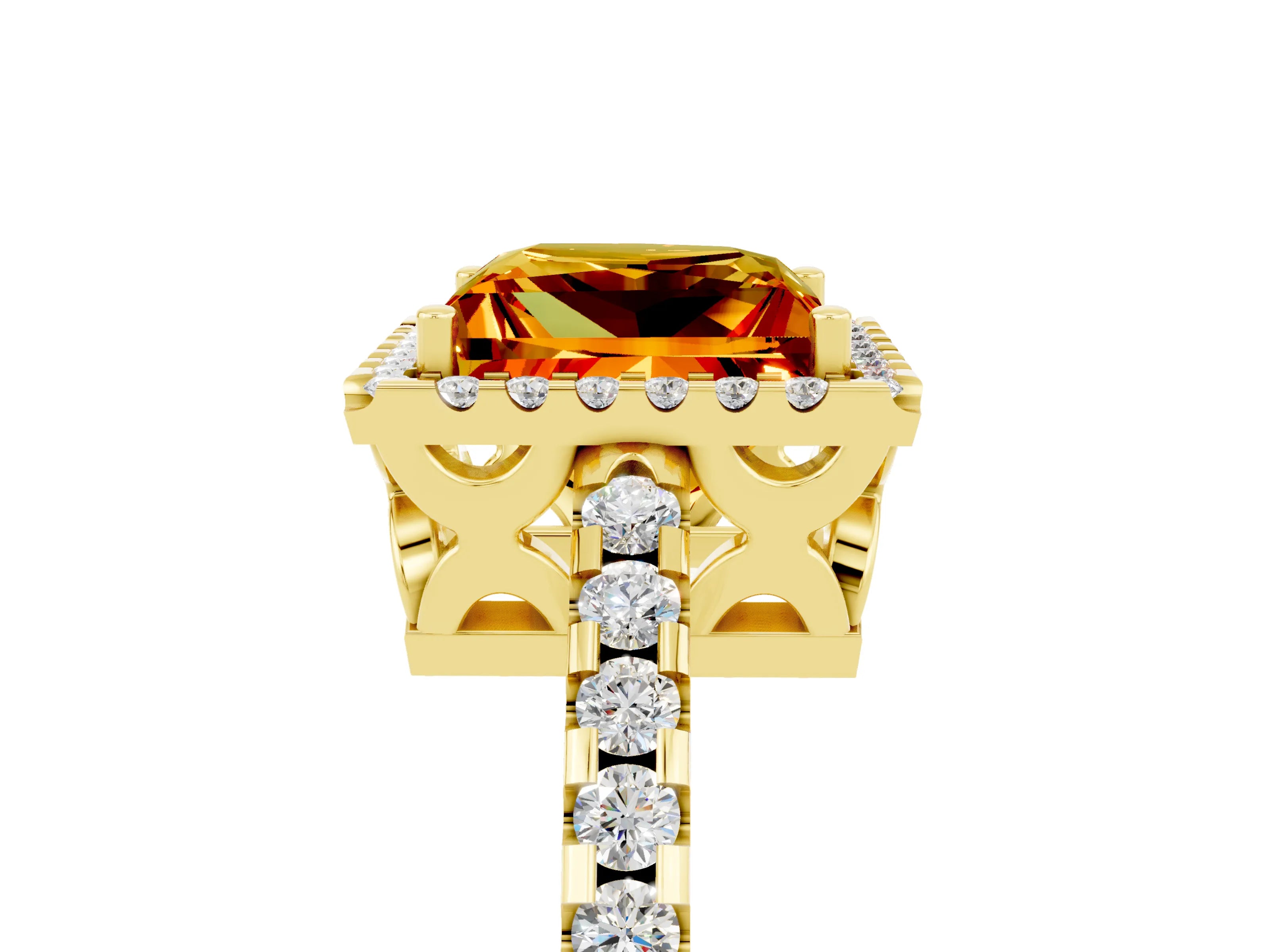 Yellow gold Princess Cut Citrine Halo Engagement Ring with Pavé Band and Prong Setting_17